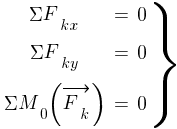 : : : delim{}{matrix{3}{3}{{{Sigma}F_{kx}} {=} {0~} {{Sigma}F_{ky}} {=} {0~} {{Sigma}M_0{(vec{F_k})}} {=} {0~}}}{rbrace}