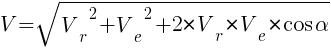 : : : V=sqrt{{V_r}^2+{V_e}^2+2*{V_r}*{V_e}*cos{alpha}}